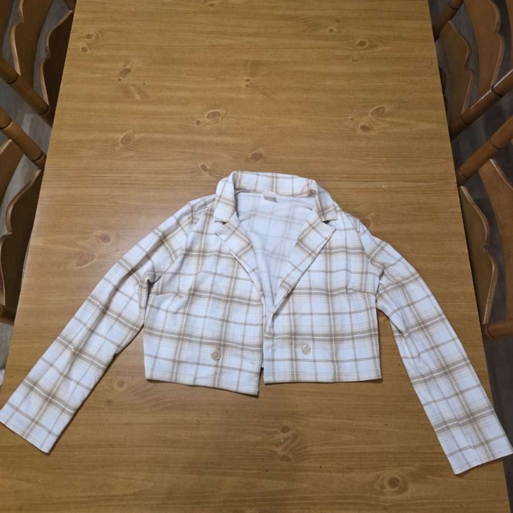 No Boundaries Tan Plaid Cropped Blazer